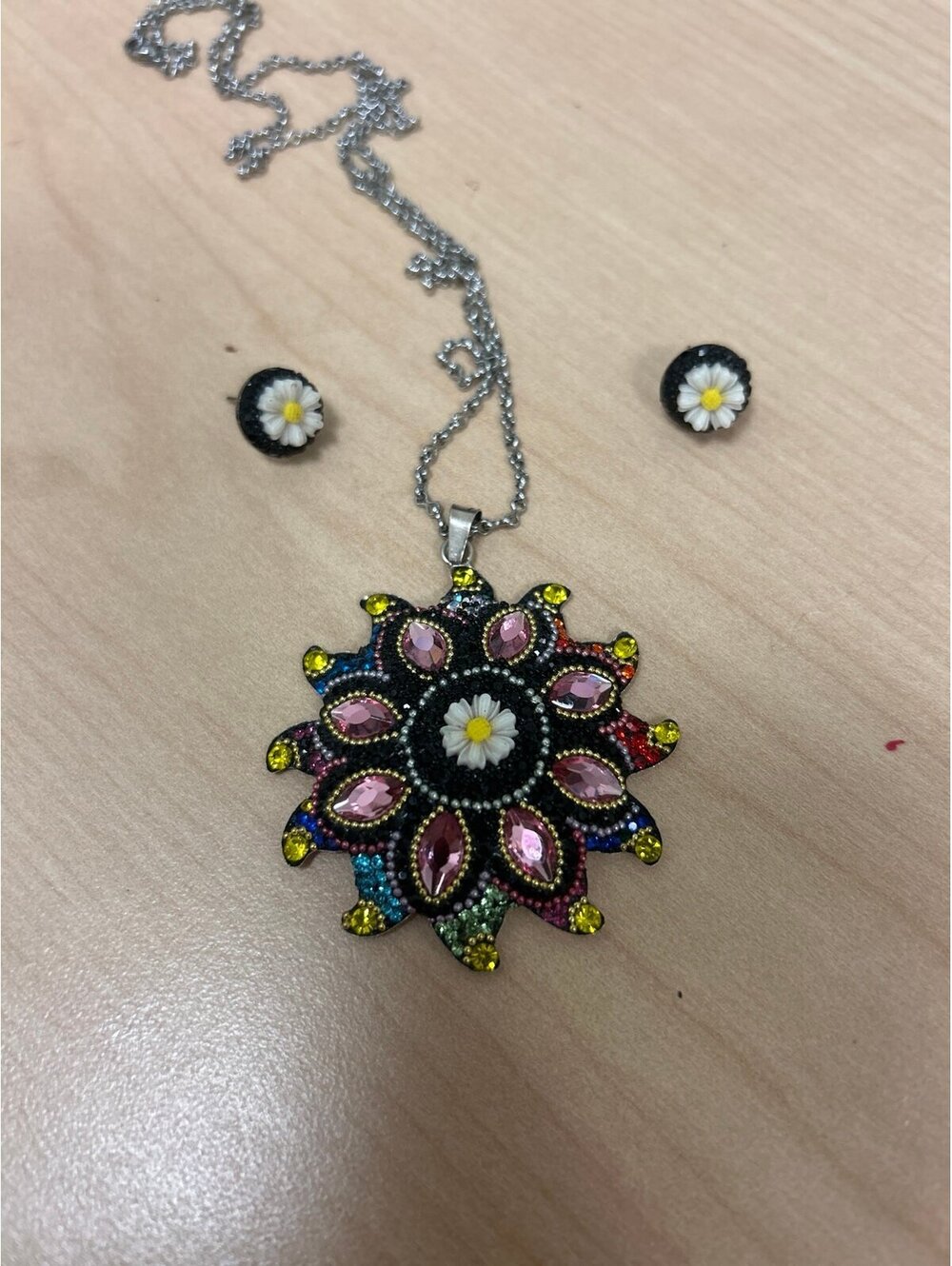 Colorful Multi Rhinestone Mosaic Sun Pendant/Necklace with Earrings Set